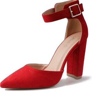 NEW Red Faux Suede‎ Size 9 Pointed Toe Ankle Strap Block Heel Pumps